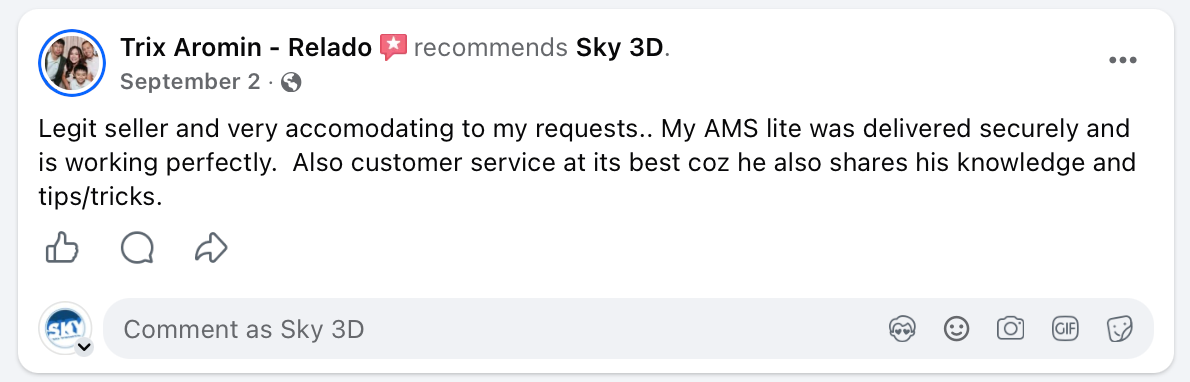 Customer feedback screenshot 1 from Facebook