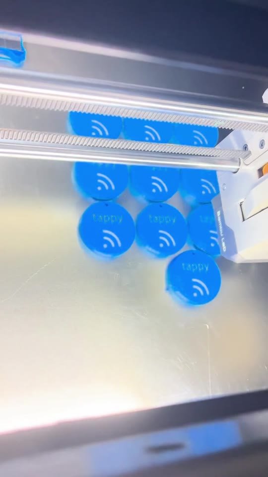 A batch of Tappy NFC tags during printing. Ask us about customized tags.